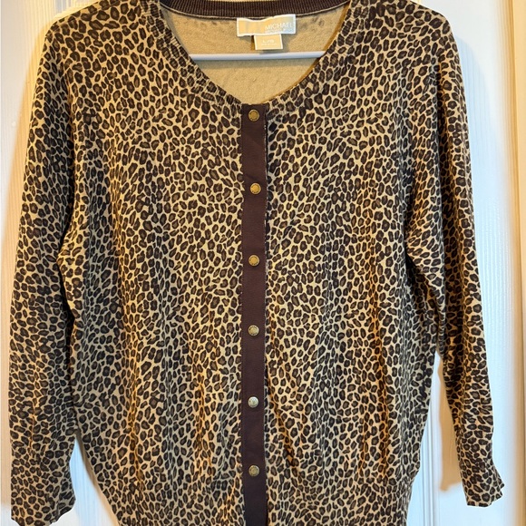 Michael Kors Leopard 🐆 Print Brown and Tan Silk Blend Knit Cardigan 3/4 Sleeves - Picture 1 of 6